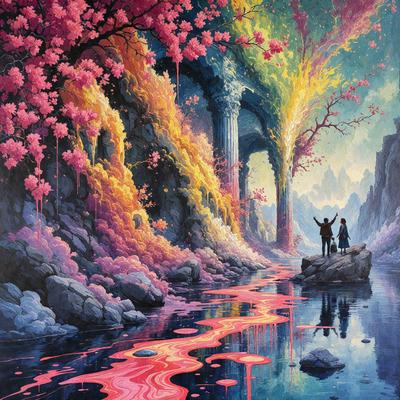 The primary subject of the image is a man and a woman standing next to each other in a colorful, artistic environment. They are positioned in front of a waterfall, which adds to the vibrant atmosphere of the scene. The setting appears to be a fantasy world, with a mix of natural elements and artistic design. The visual style of the image is a combination of digital art and illustration, creating a unique and captivating scene. The colors and mood of the image are predominantly bright and l